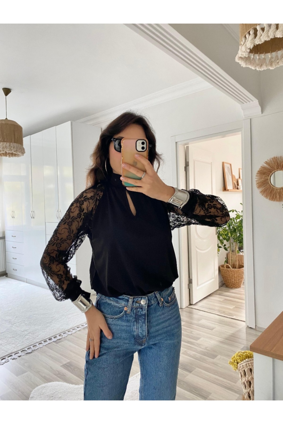 Women's Long Sleeve Chest Window Detail Collar Turtleneck Tulle Sleeves Sandy Blouse, 13878