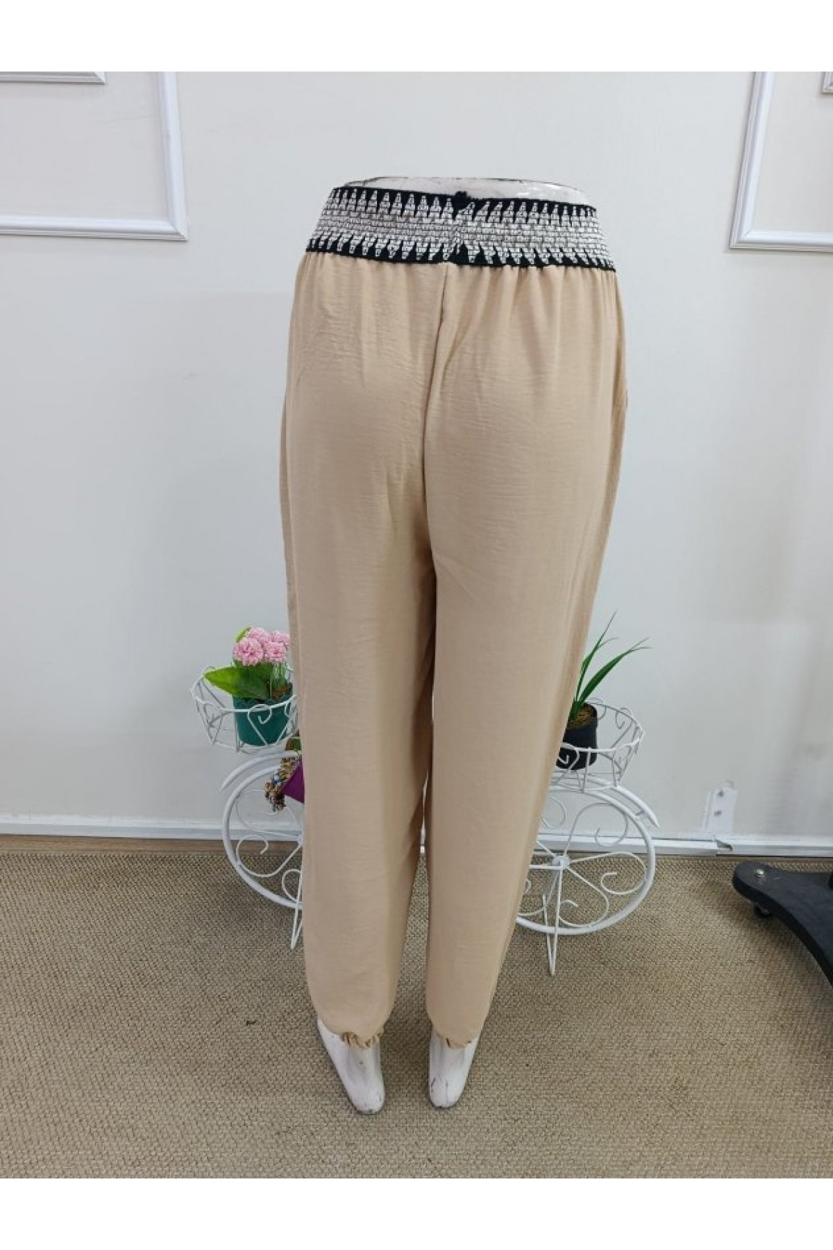 Kadın Yüksek Bel Beli Lastikli Dökümlü Ve Beli şeritli Pera Pantolon , 37381