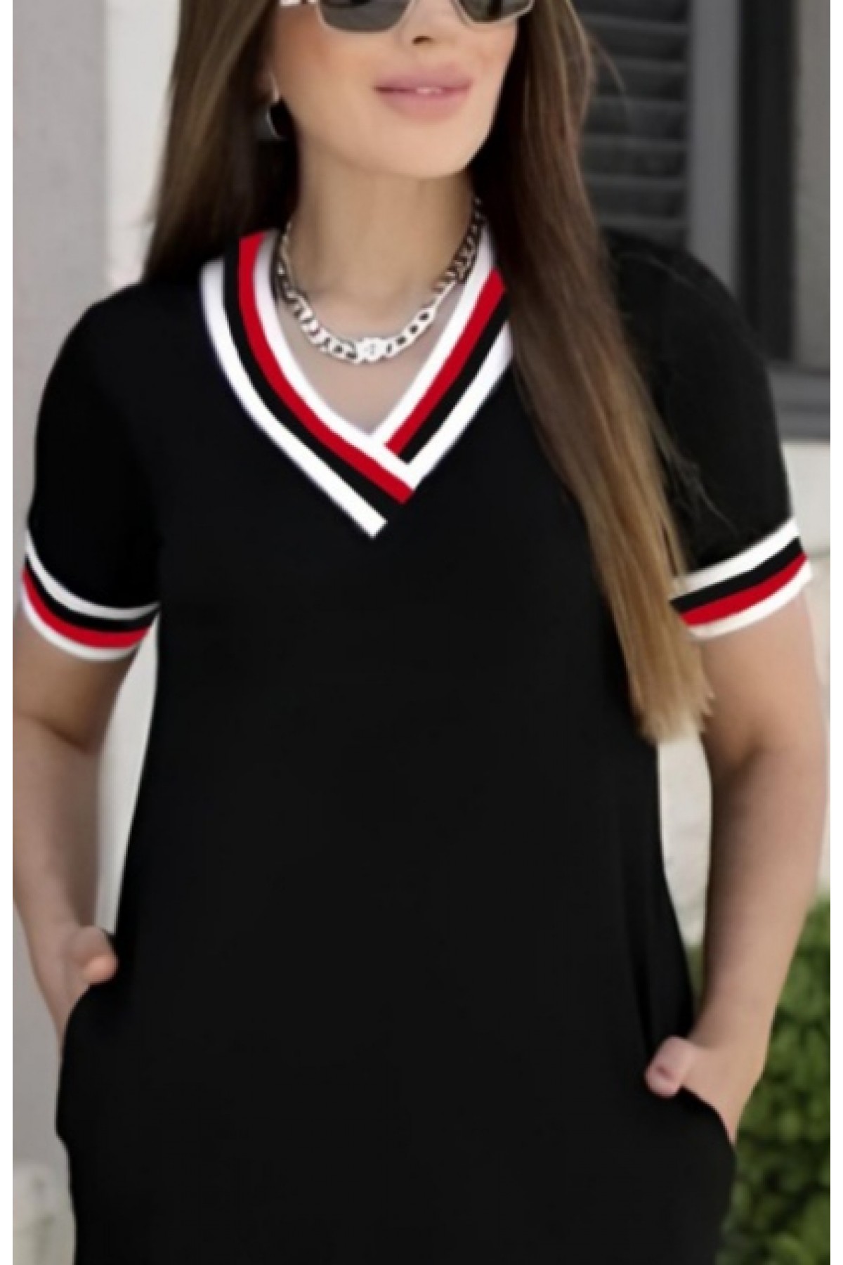 Kadın Kısa Kollu V Yaka Ribana Detay Midiboy Viskon Elbise, 37159