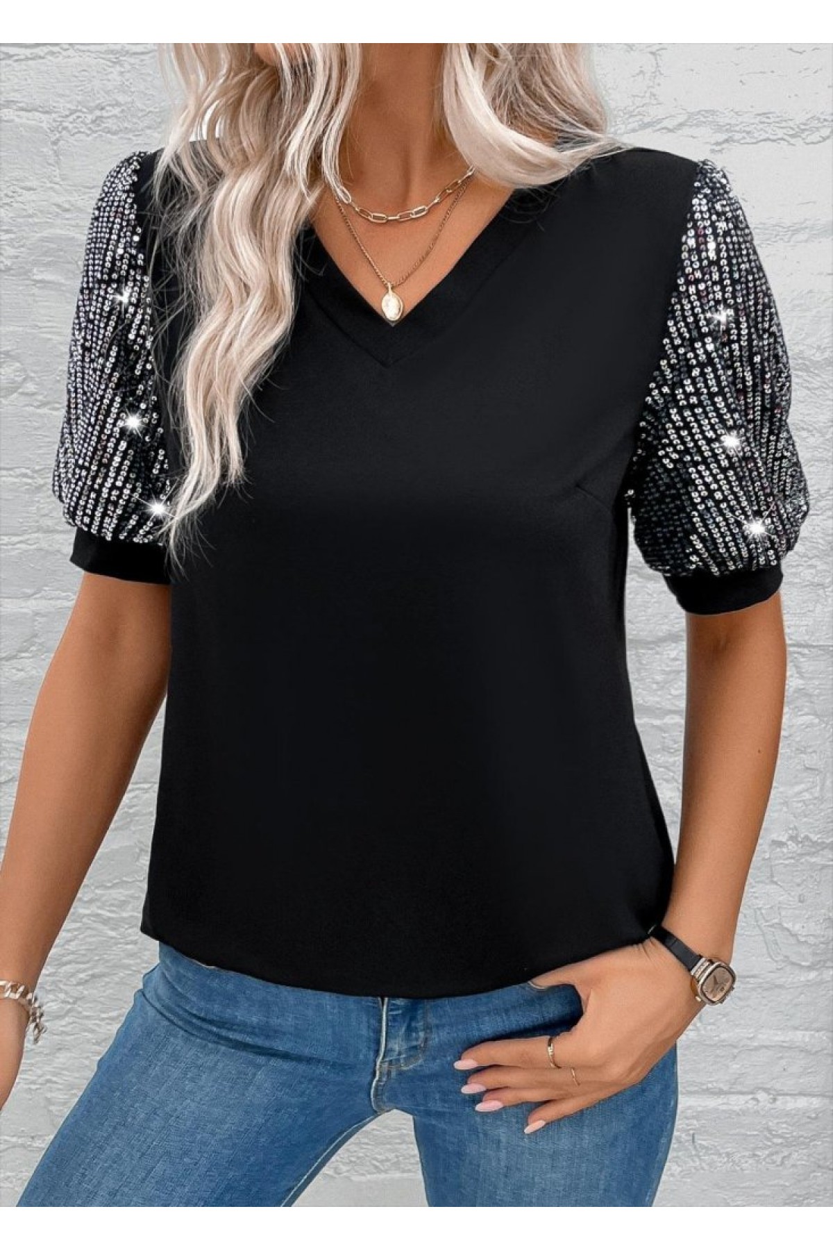 Women's Short Sleeve V-Neck Sequin Detailed Viscose Blouse, 23659