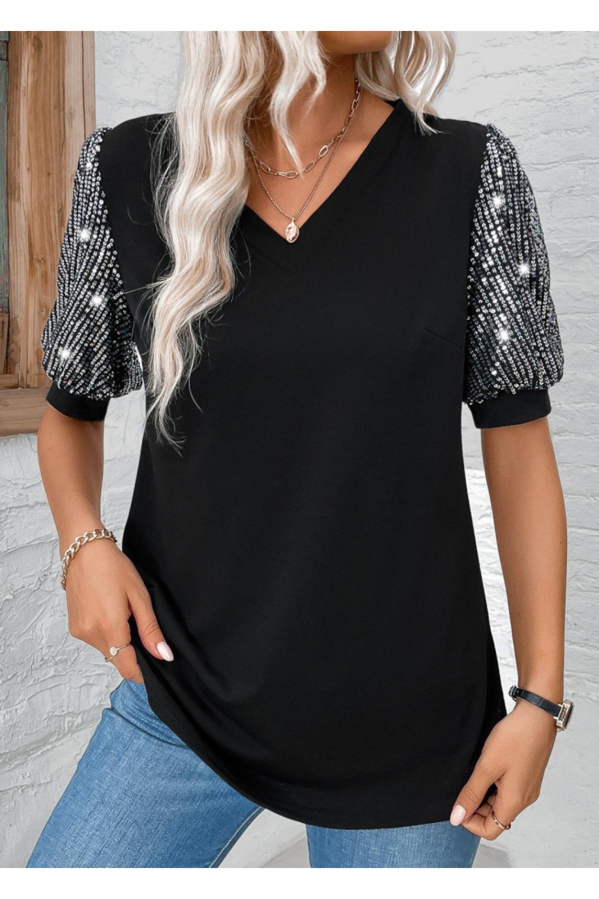 Women's Short Sleeve V-Neck Sequin Detailed Viscose Blouse, 23659