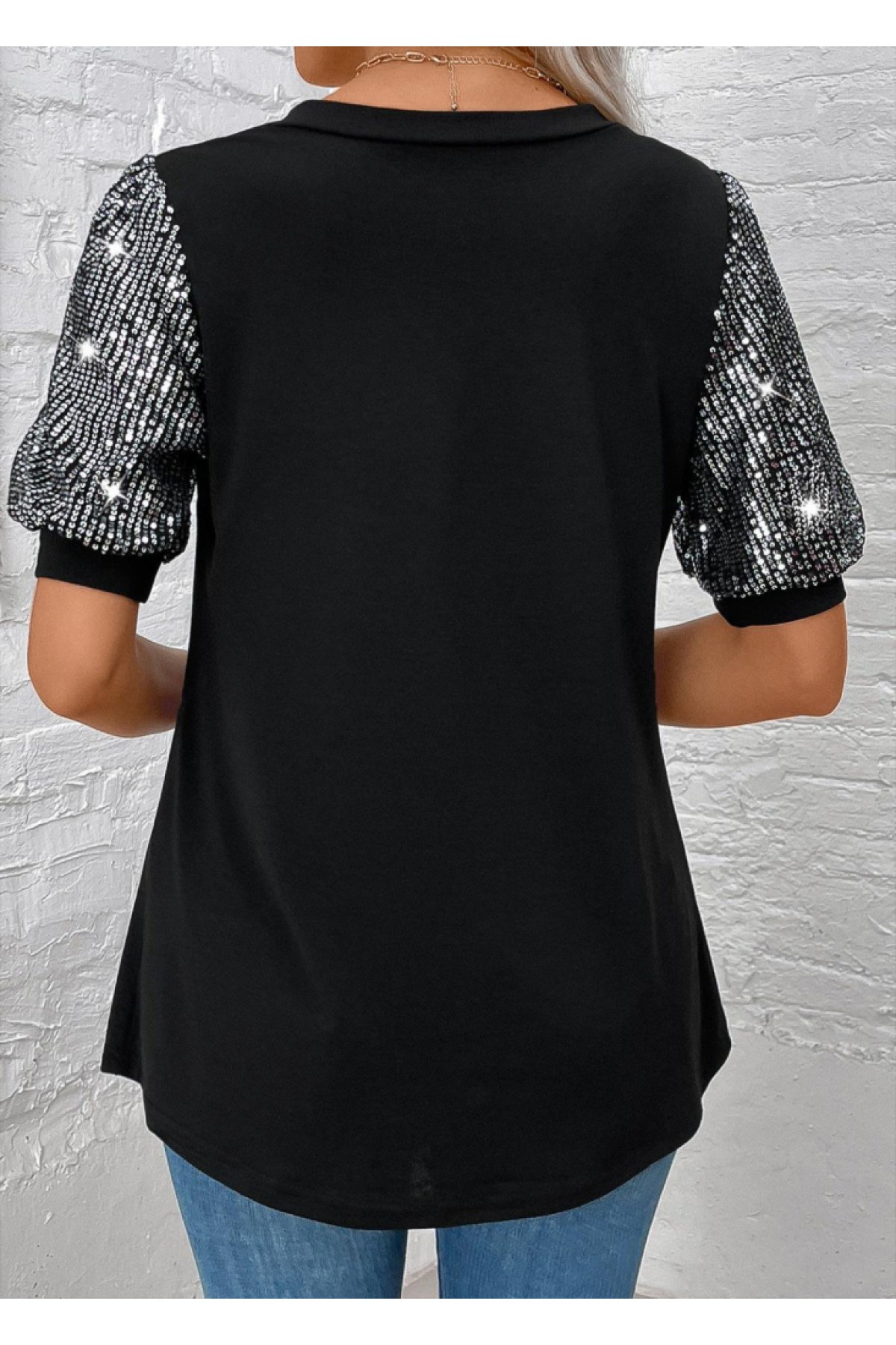 Women's Short Sleeve V-Neck Sequin Detailed Viscose Blouse, 23659