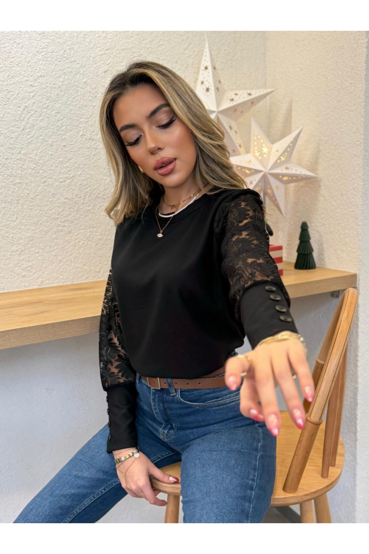 Kadın Uzun Kollu Bisiklet Yaka Kolları çiçekli Waffle Bluz, 37588