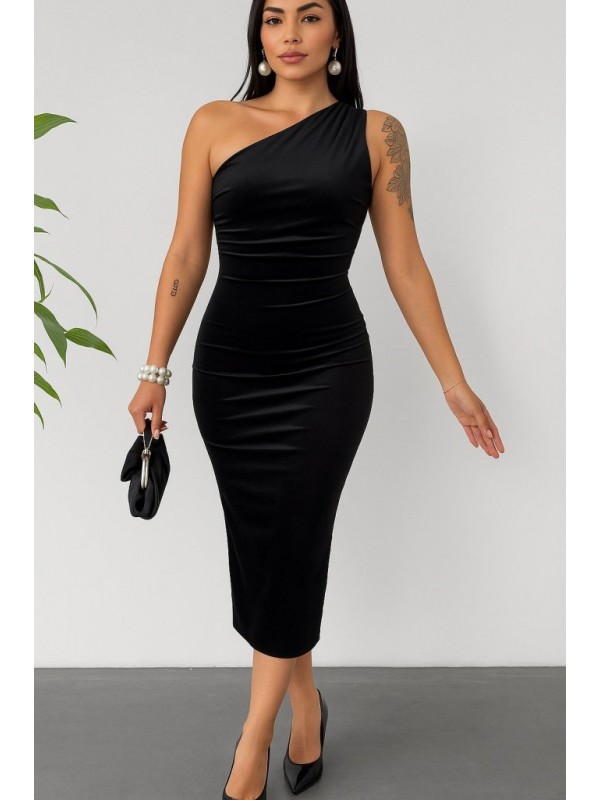 Kadın Tek Omuz Dekolte Detay Uzun Kadife Elbise, 27235