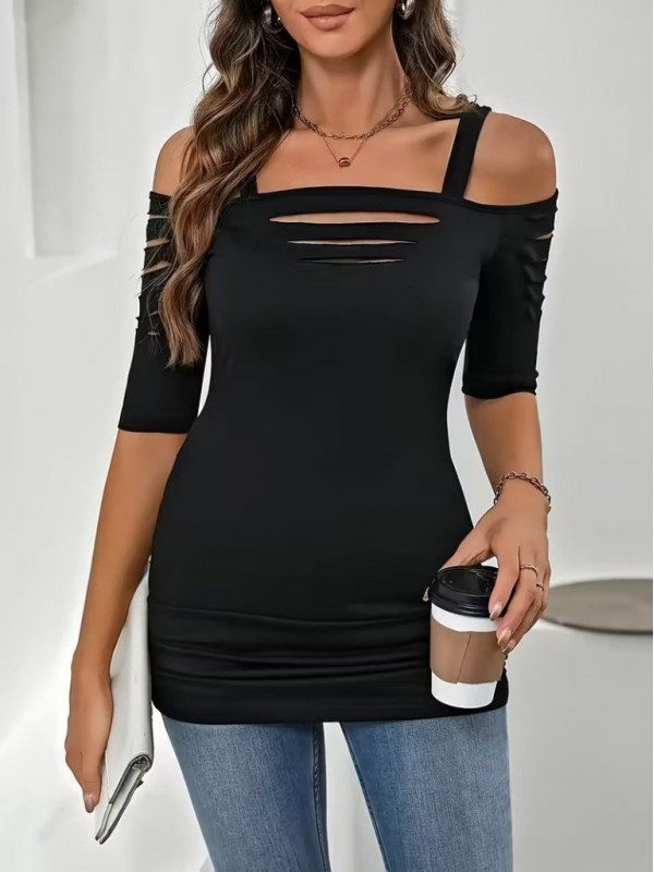 Kadın Omuzlardan Açık Askılı Lazer Kesim Detaylı Viskon Bluz, 31037