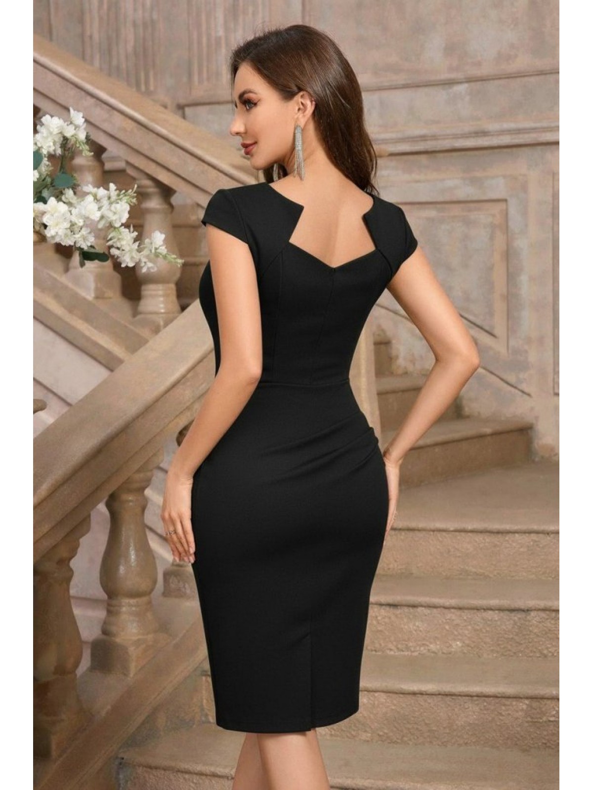 Kadın Kısa Kollu Yakası Asimetrik Kısa Ithal Krep Elbise , 31051