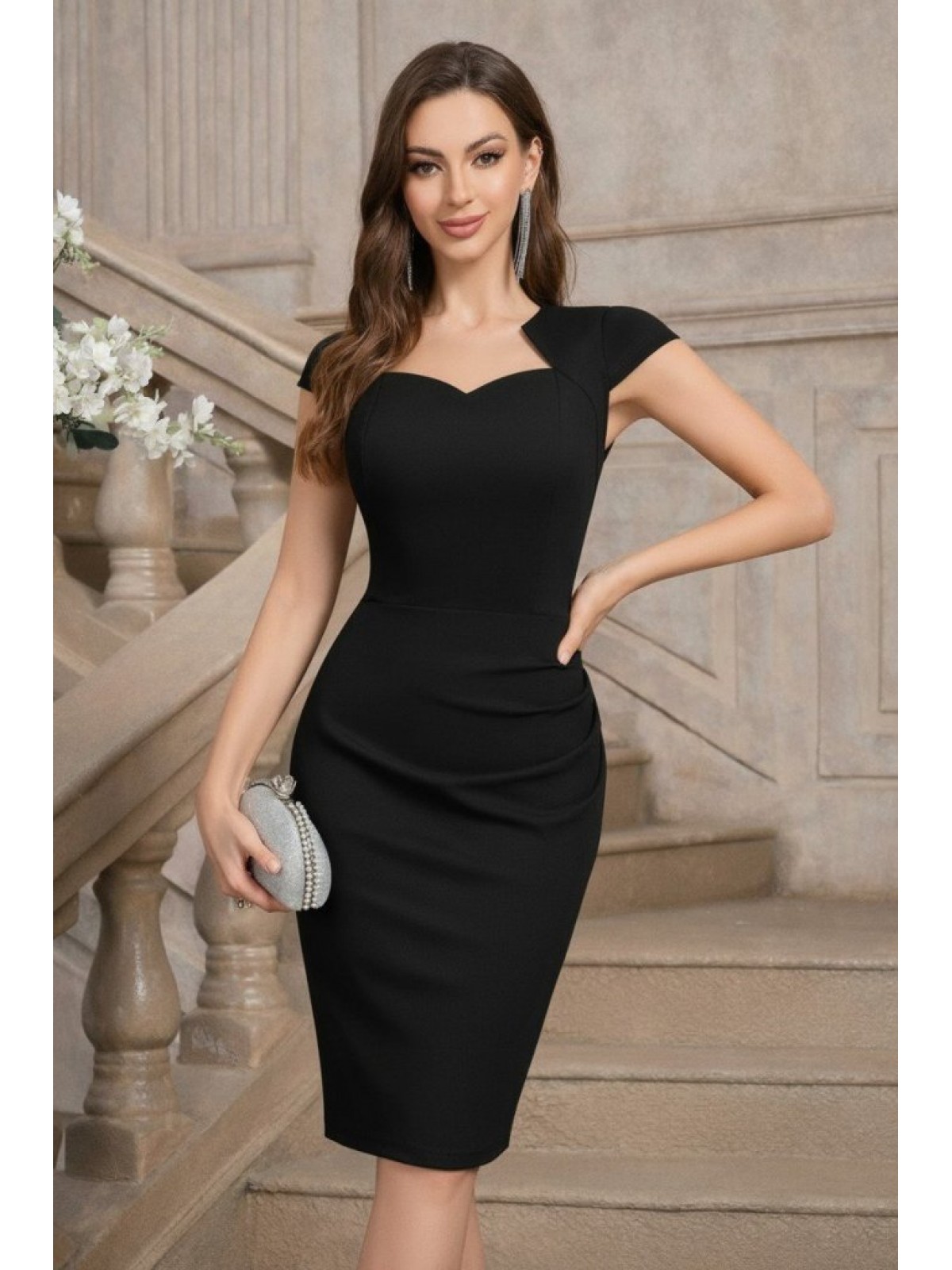 Kadın Kısa Kollu Yakası Asimetrik Kısa Ithal Krep Elbise , 31051