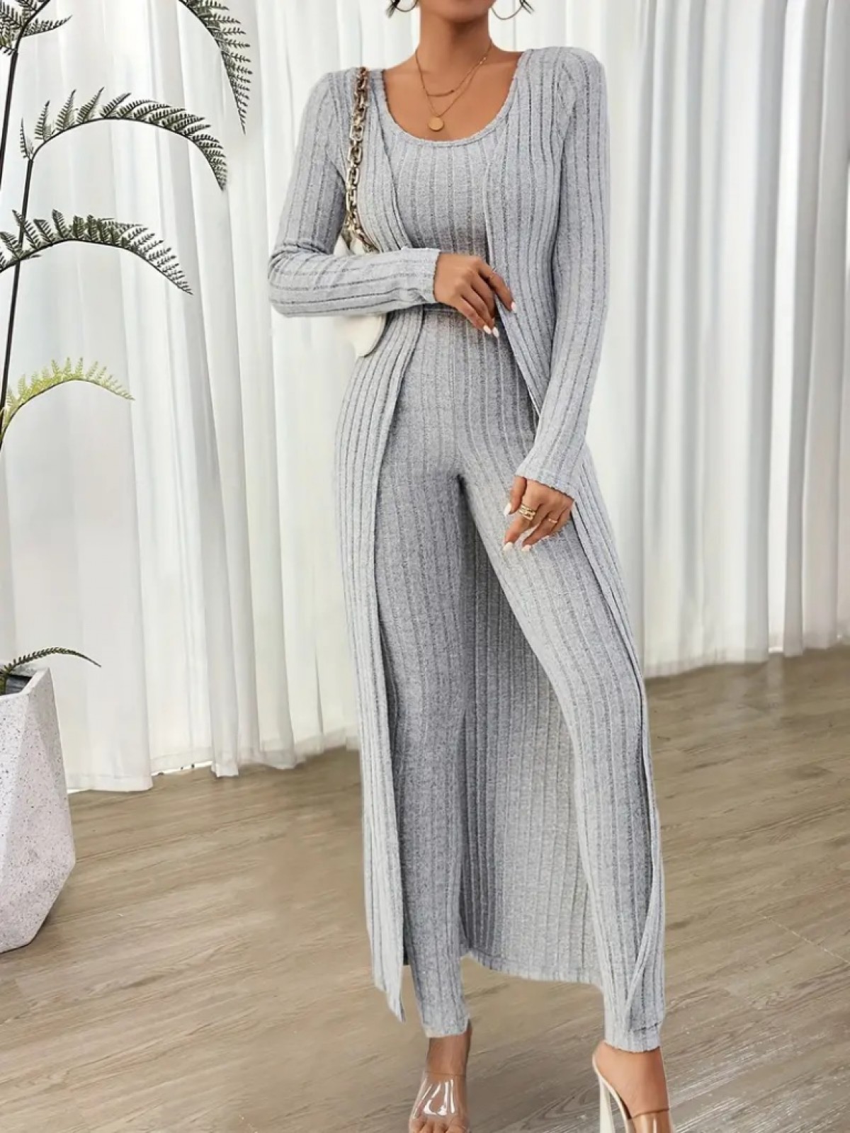 Kadın Yuvarlak Yaka Askılı Krop Bluz Yüksek Bel Tayt Ve Uzun Hırka şardonlu Kaşkorse üçlü Takım , 27950