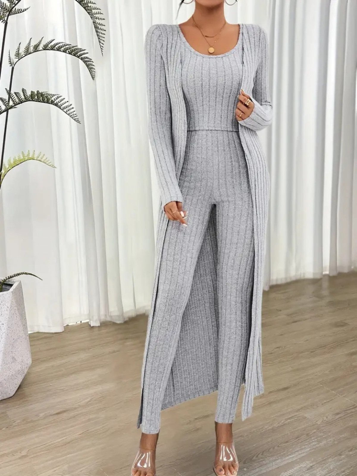 Kadın Yuvarlak Yaka Askılı Krop Bluz Yüksek Bel Tayt Ve Uzun Hırka şardonlu Kaşkorse üçlü Takım , 27950