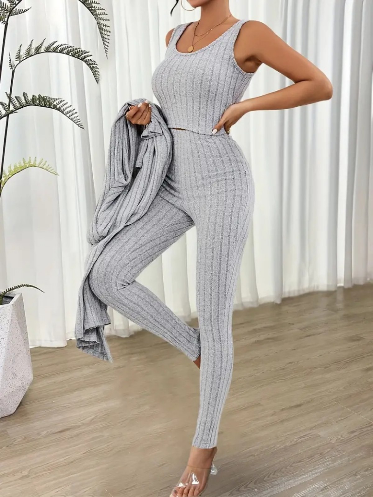 Kadın Yuvarlak Yaka Askılı Krop Bluz Yüksek Bel Tayt Ve Uzun Hırka şardonlu Kaşkorse üçlü Takım , 27950