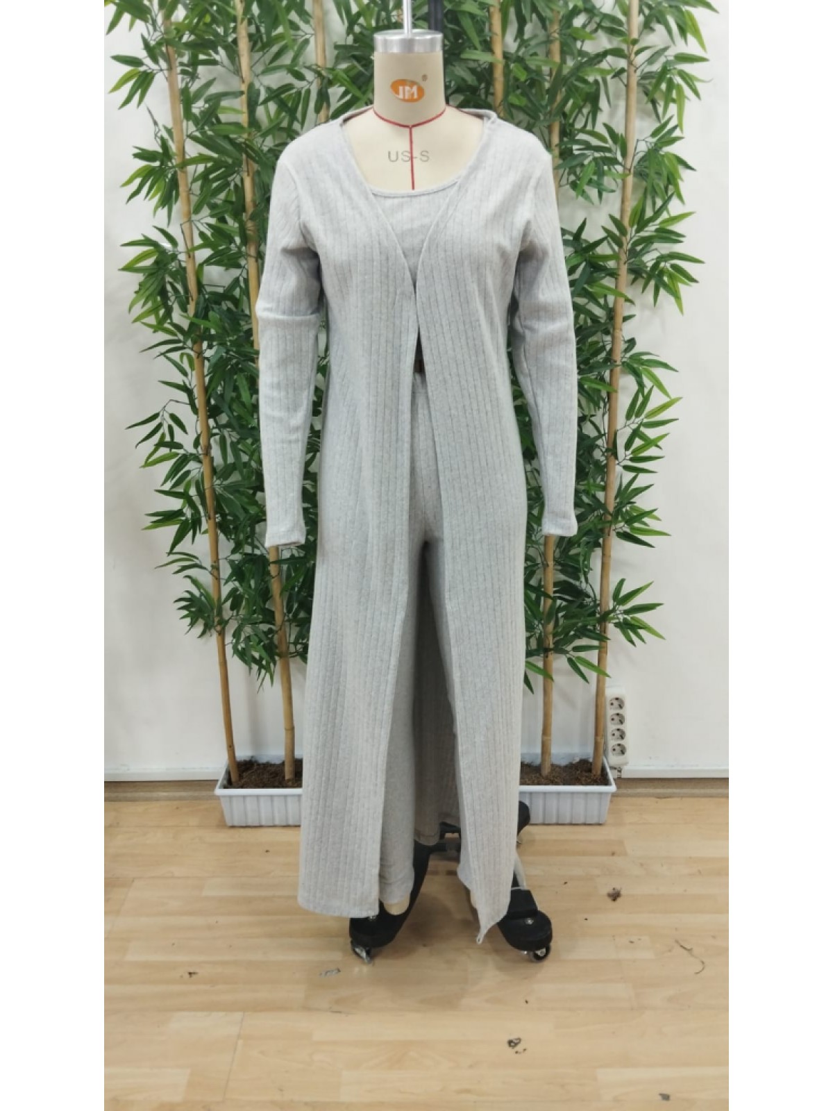 Kadın Yuvarlak Yaka Askılı Krop Bluz Yüksek Bel Tayt Ve Uzun Hırka şardonlu Kaşkorse üçlü Takım , 27950