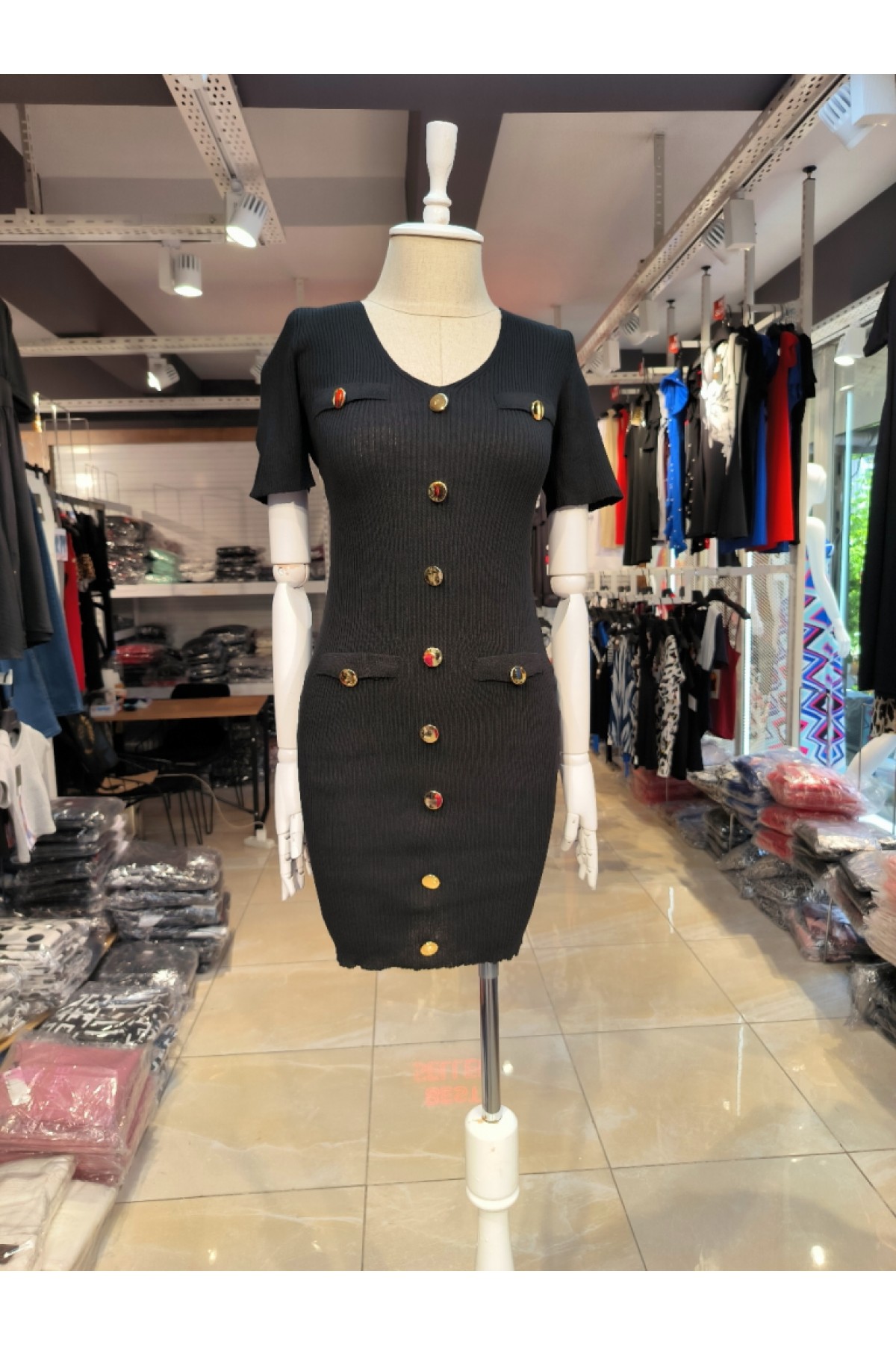 Women's Short Sleeve Buttoned Pocket Detail V-Neck Knit Dress, 8985