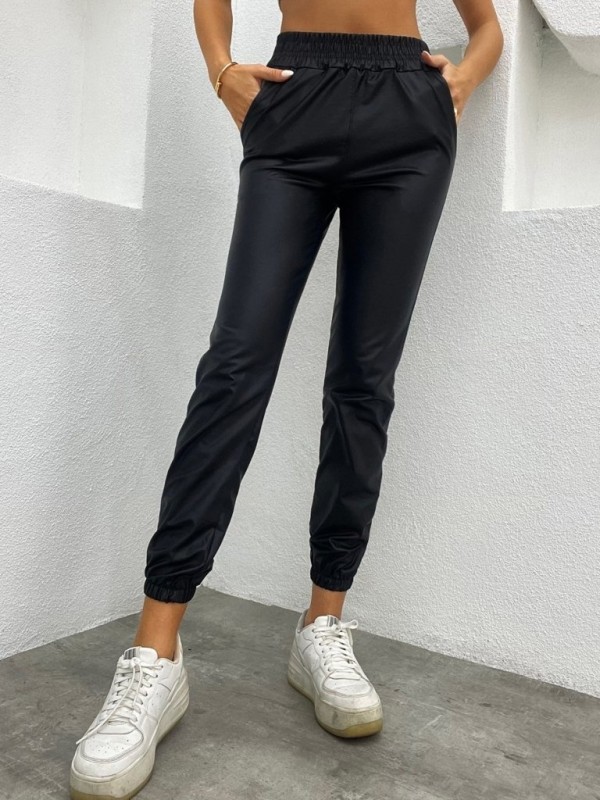 Women's Elastic Leg Pocket Detailed Leather Leggings, 21697