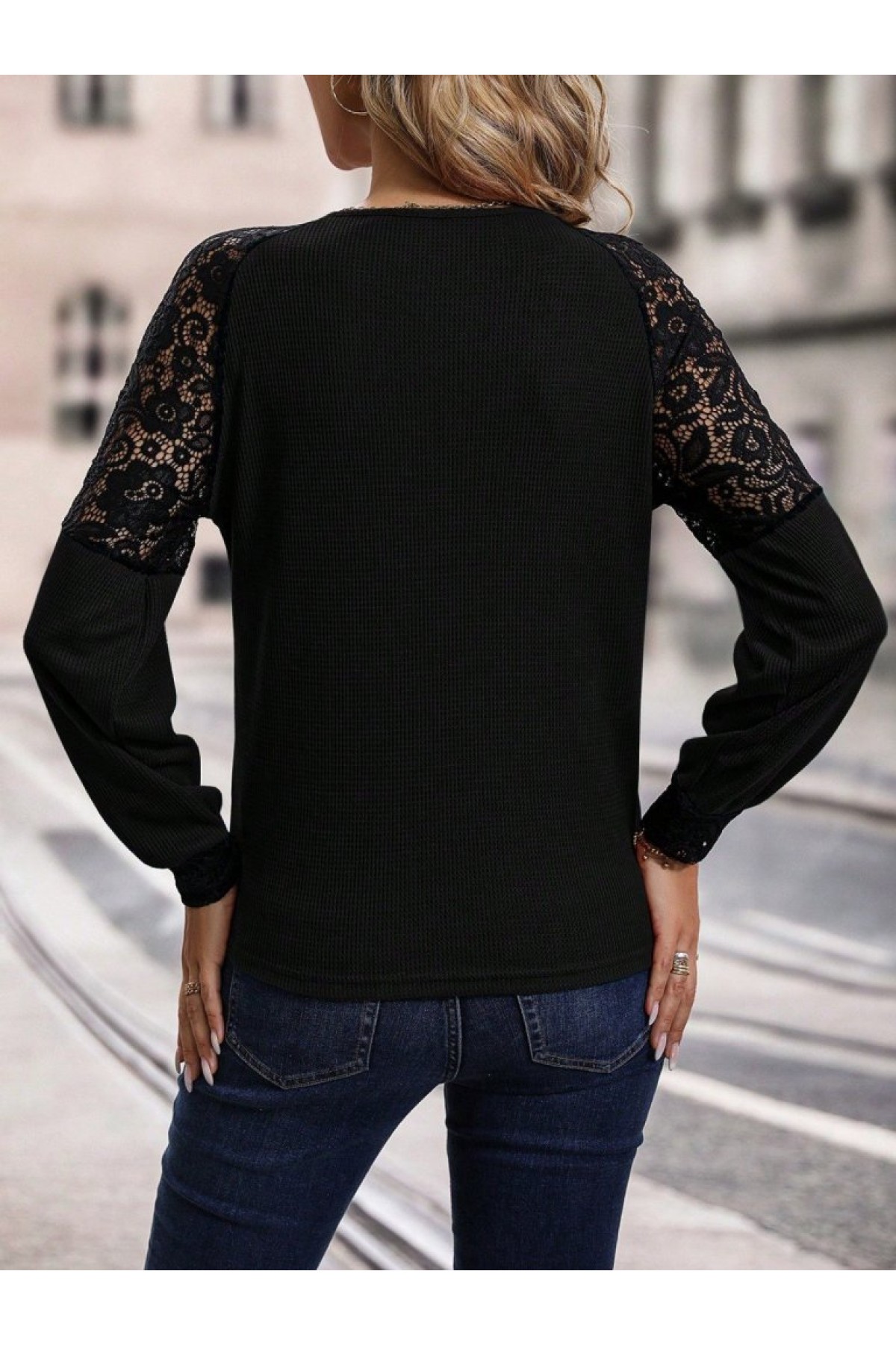 Kadın Uzun Kollu V Yakalı Dantelli Waffle Bluz, 27497
