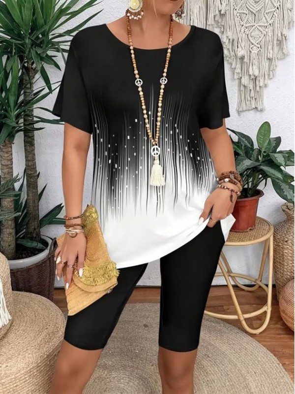 Kadın Kısa Kollu Bisiklet Yaka Desenli Dalgıç Bluz Ve Tayt Ikili Takım , 32432