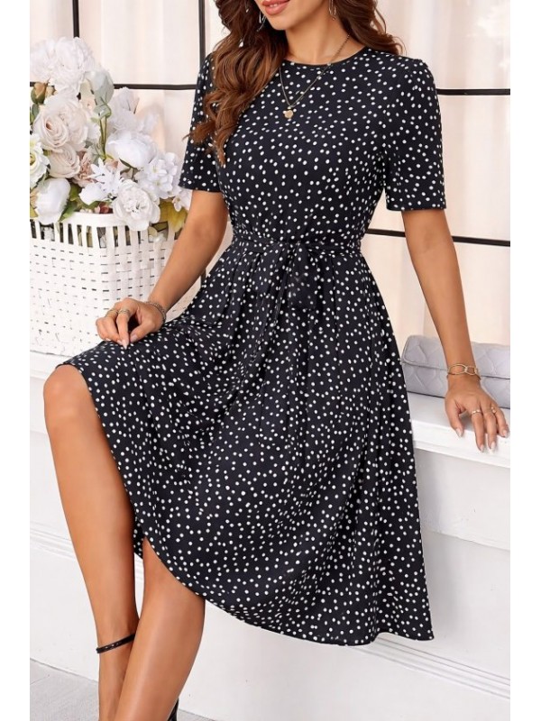 Kadın Kısa Kollu Bisiklet Yakalı Puantiyeli Kısa Süprem Elbise, 33525