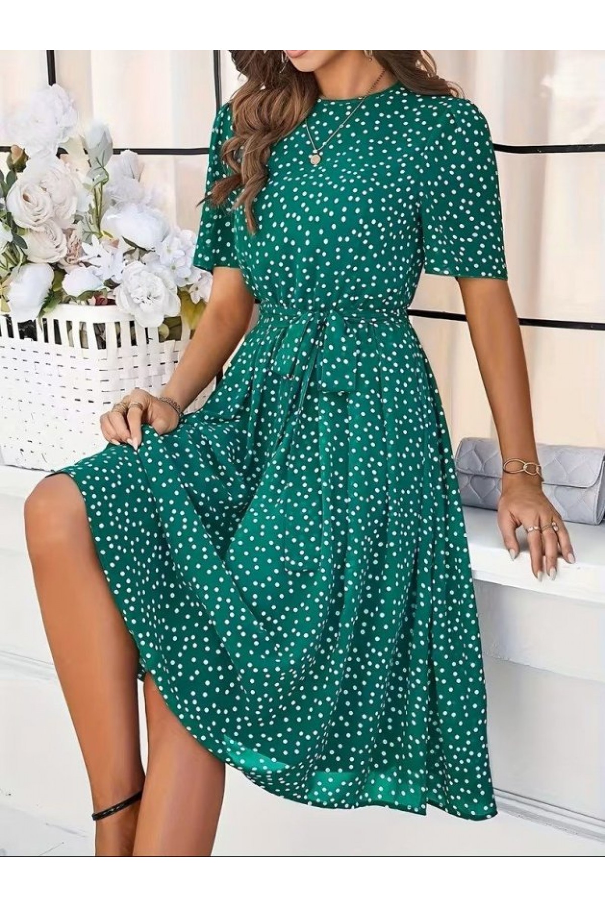 Kadın Kısa Kollu Bisiklet Yakalı Puantiyeli Kısa Süprem Elbise, 33526