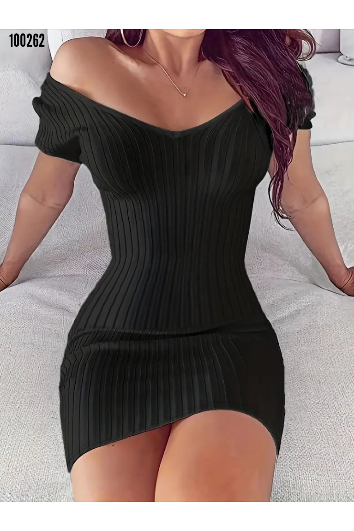 Kadın Kısa Kollu V Yaka Geniş Fitilli Mini Triko Elbise, 39414