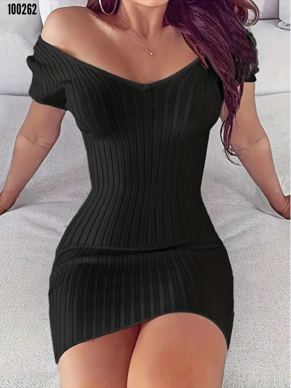 Kadın Kısa Kollu V Yaka Geniş Fitilli Mini Triko Elbise, 39414
