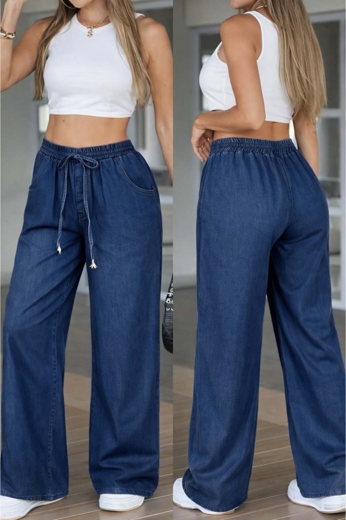 Kadın Yüksek Bel Lastikli Bağcıklı Kot Pantolon, 32199