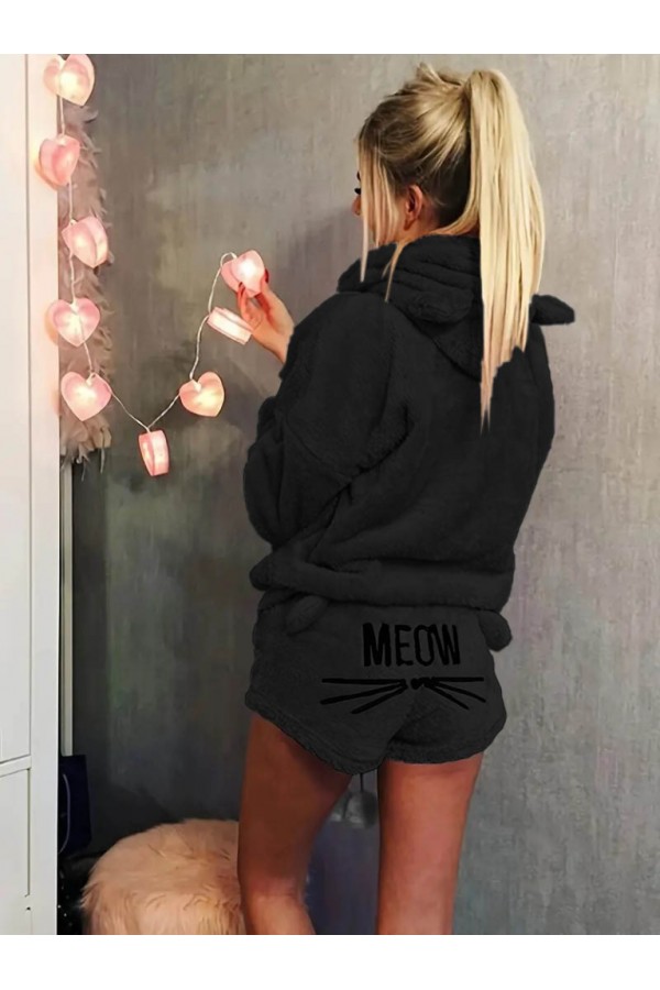Women's Long Sleeve Hooded Plush Blouse and Short Two Piece Set, 22031