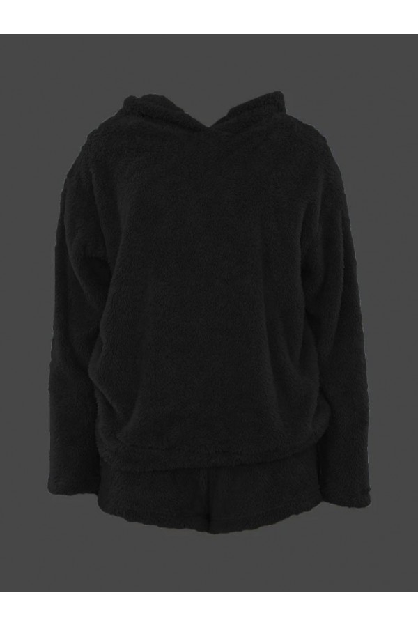 Women's Long Sleeve Hooded Plush Blouse and Short Two Piece Set, 22031