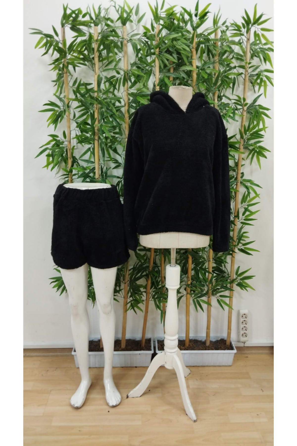 Women's Long Sleeve Hooded Plush Blouse and Short Two Piece Set, 22031