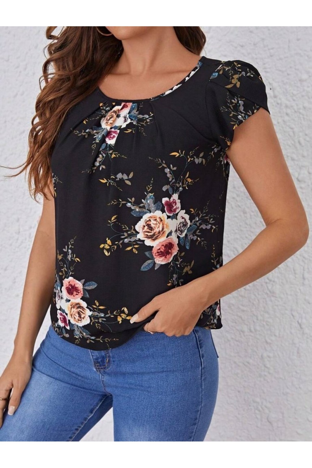 Kadın Kısa Kollu Bisiklet Yaka çiçek Baskılı Süprem Bluz , 35920
