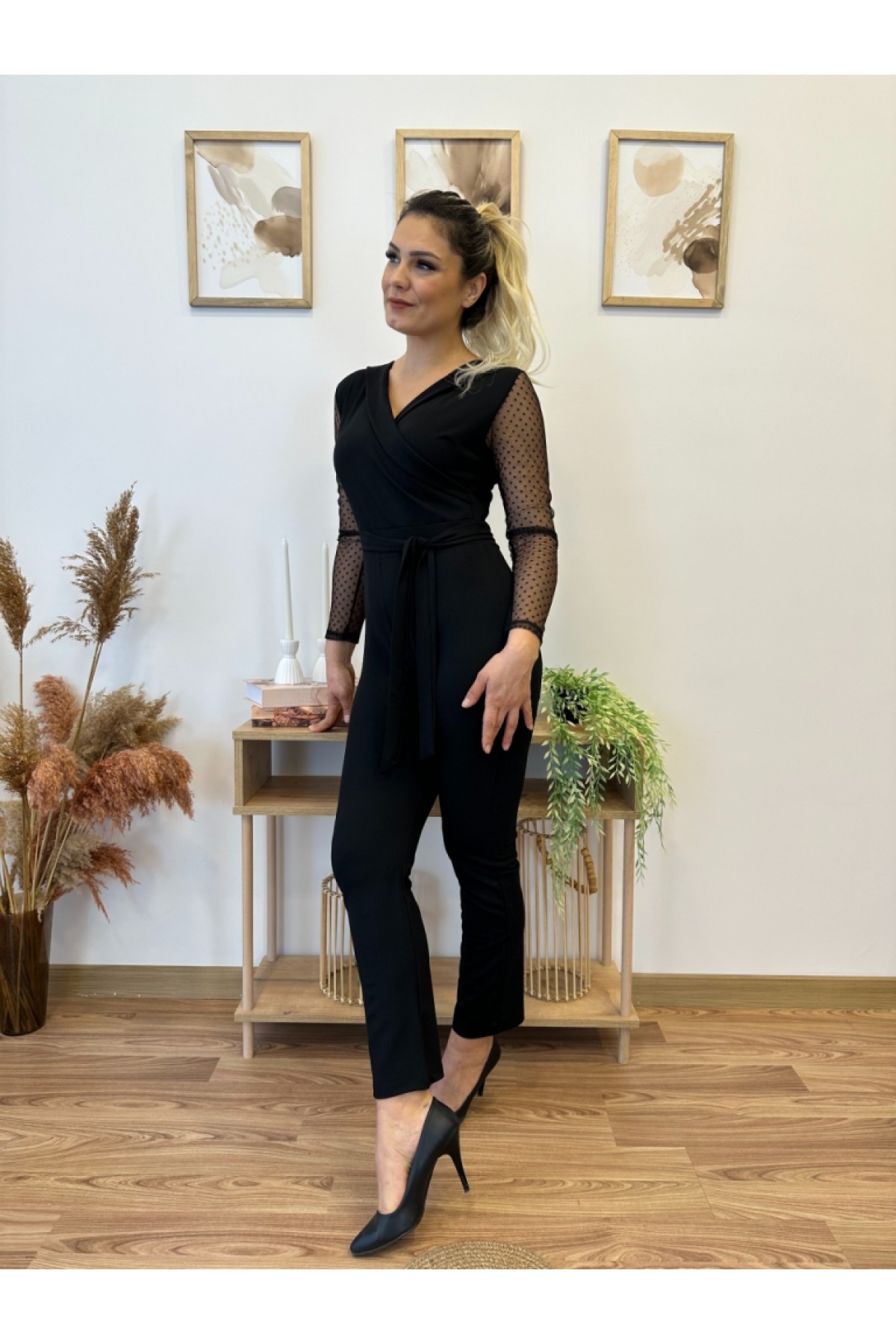 Women's Long Sleeve Double Breasted Collar Tulle Sleeves Belted Waist Imported Crepe Jumpsuit, 21295