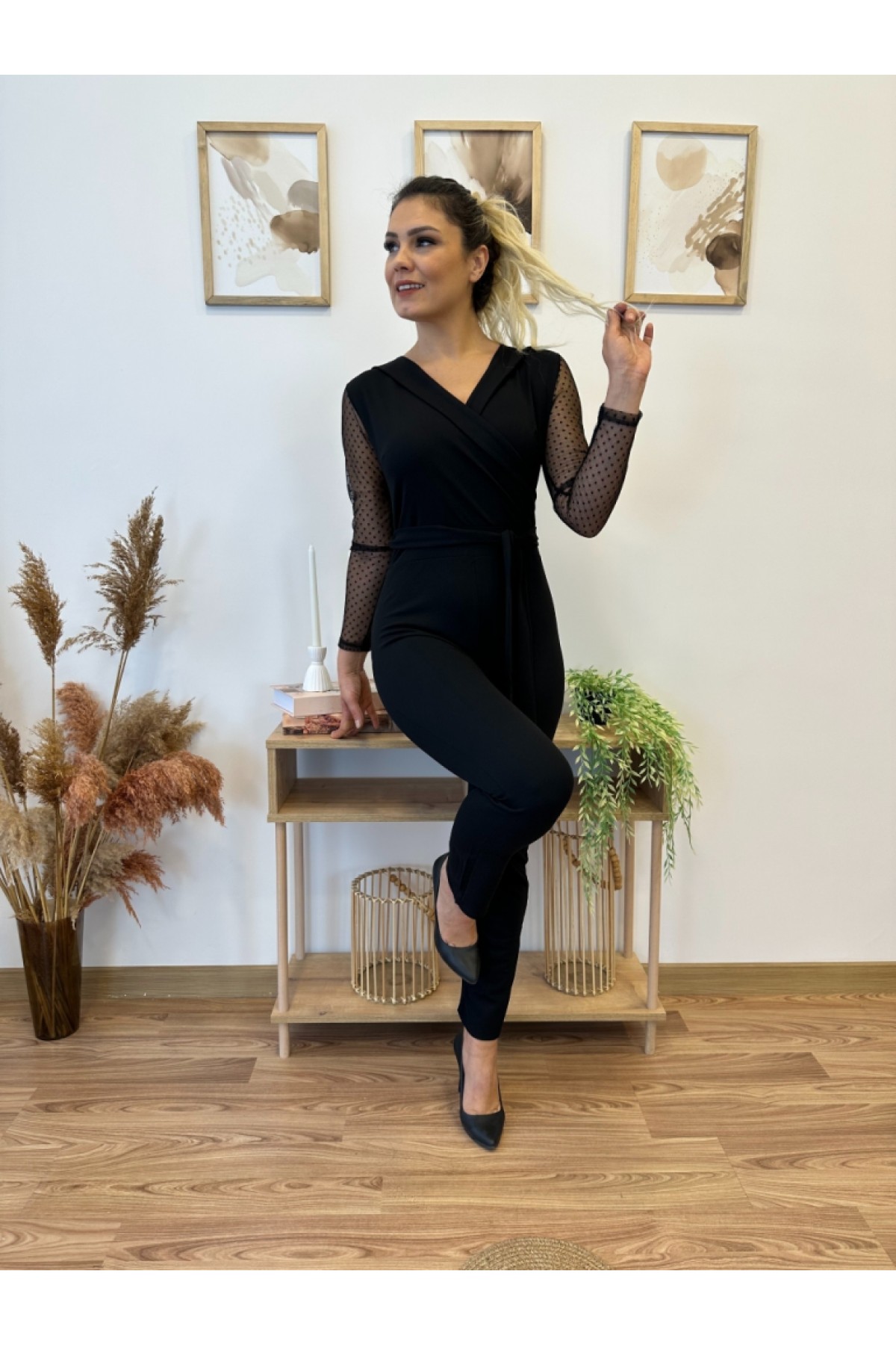 Women's Long Sleeve Double Breasted Collar Tulle Sleeves Belted Waist Imported Crepe Jumpsuit, 21295