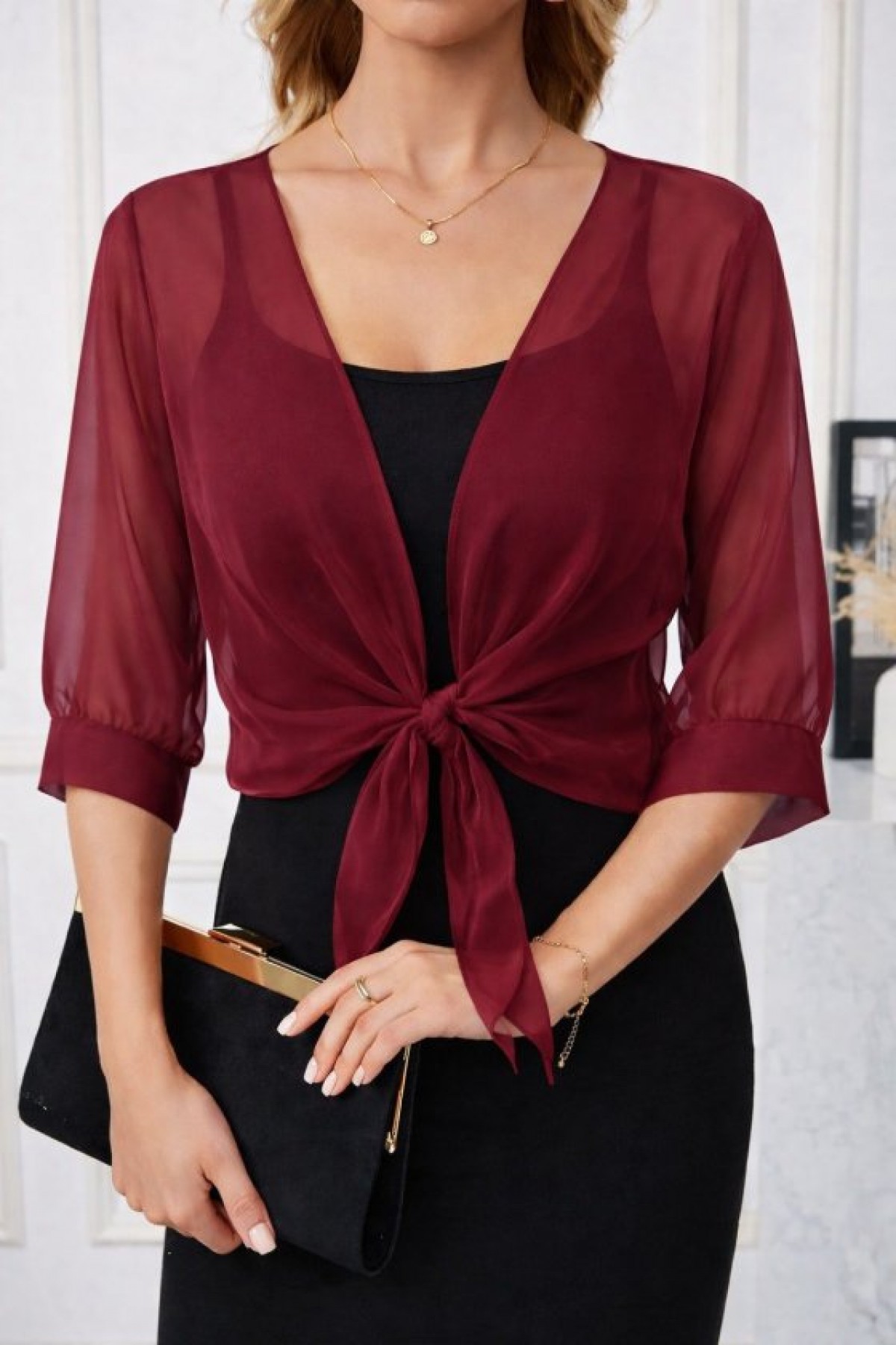 Kadın Fakir Kollu önden Bağlamalı Kısa şifon Bolero Ceket, 33506