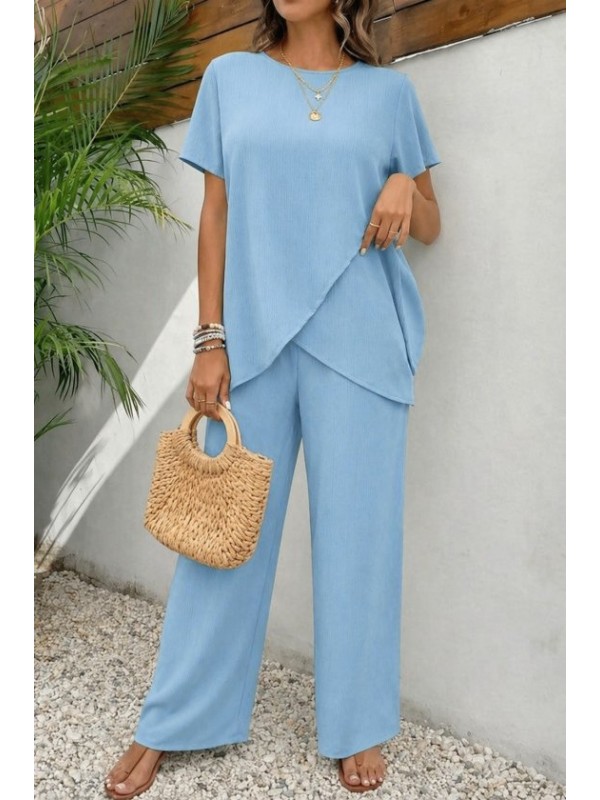 Kadın Kısa Kollu Bisiklet Yaka Asimetrik Kesim Detaylı Bürümcük Bluz Ve Pantolon Ikili Takım , 33986