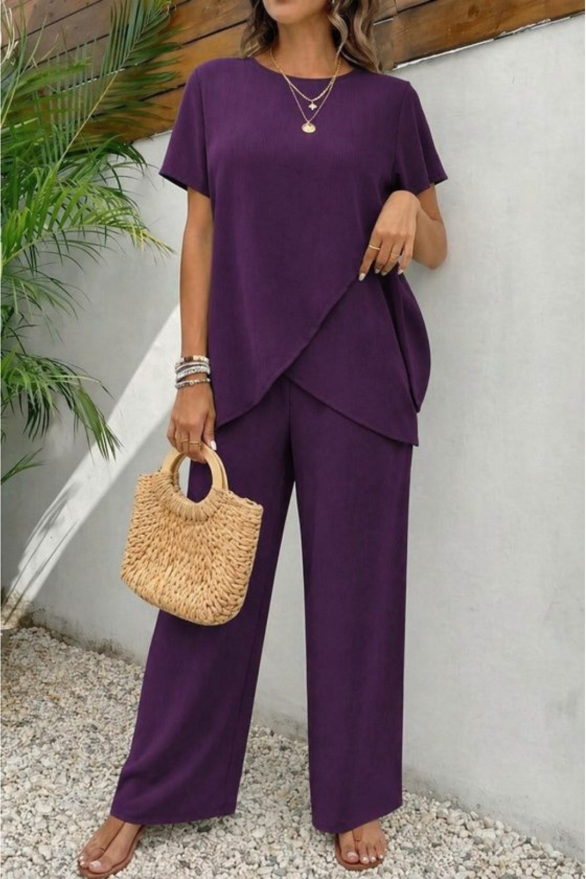 Kadın Kısa Kollu Bisiklet Yaka Asimetrik Kesim Detaylı Bürümcük Bluz Ve Pantolon Ikili Takım , 33985