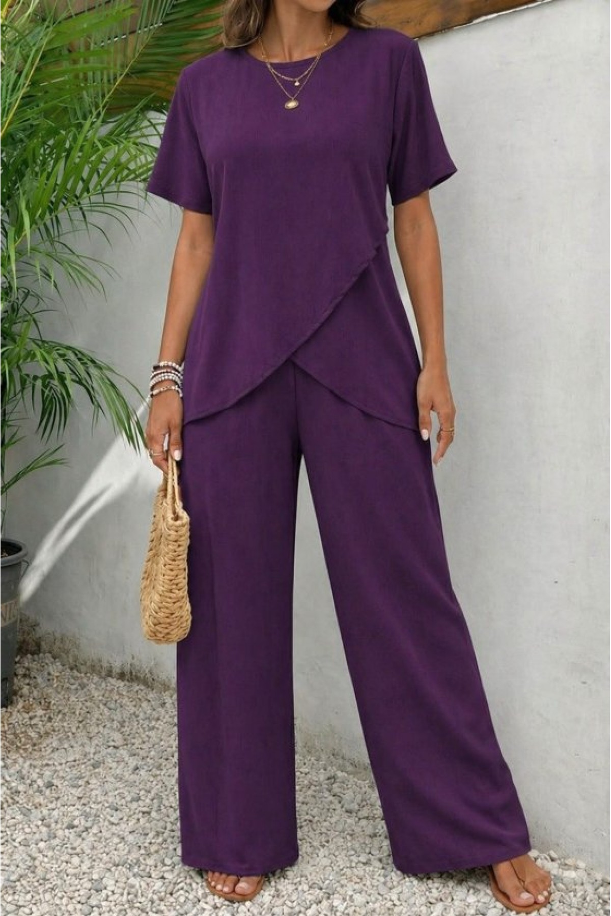 Kadın Kısa Kollu Bisiklet Yaka Asimetrik Kesim Detaylı Bürümcük Bluz Ve Pantolon Ikili Takım , 33985