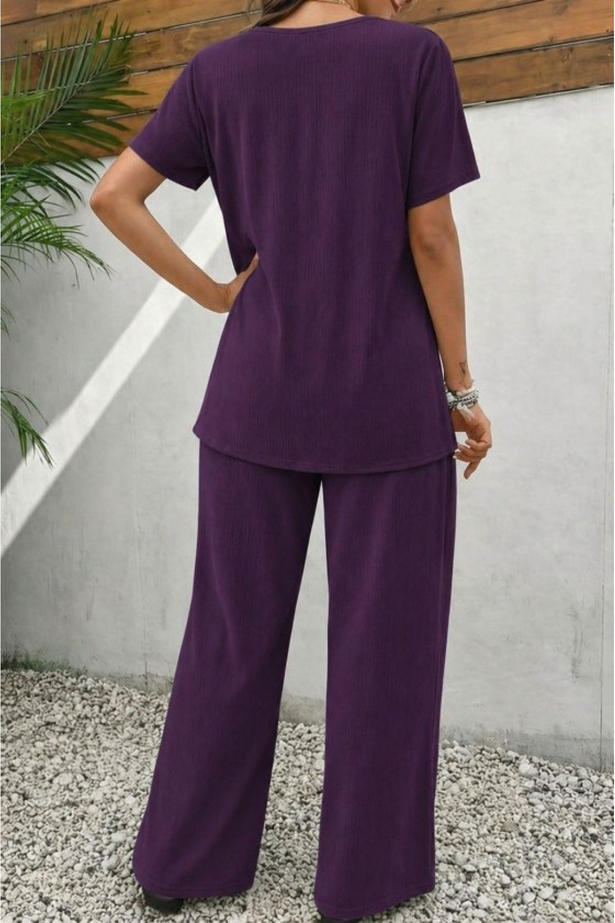 Kadın Kısa Kollu Bisiklet Yaka Asimetrik Kesim Detaylı Bürümcük Bluz Ve Pantolon Ikili Takım , 33985