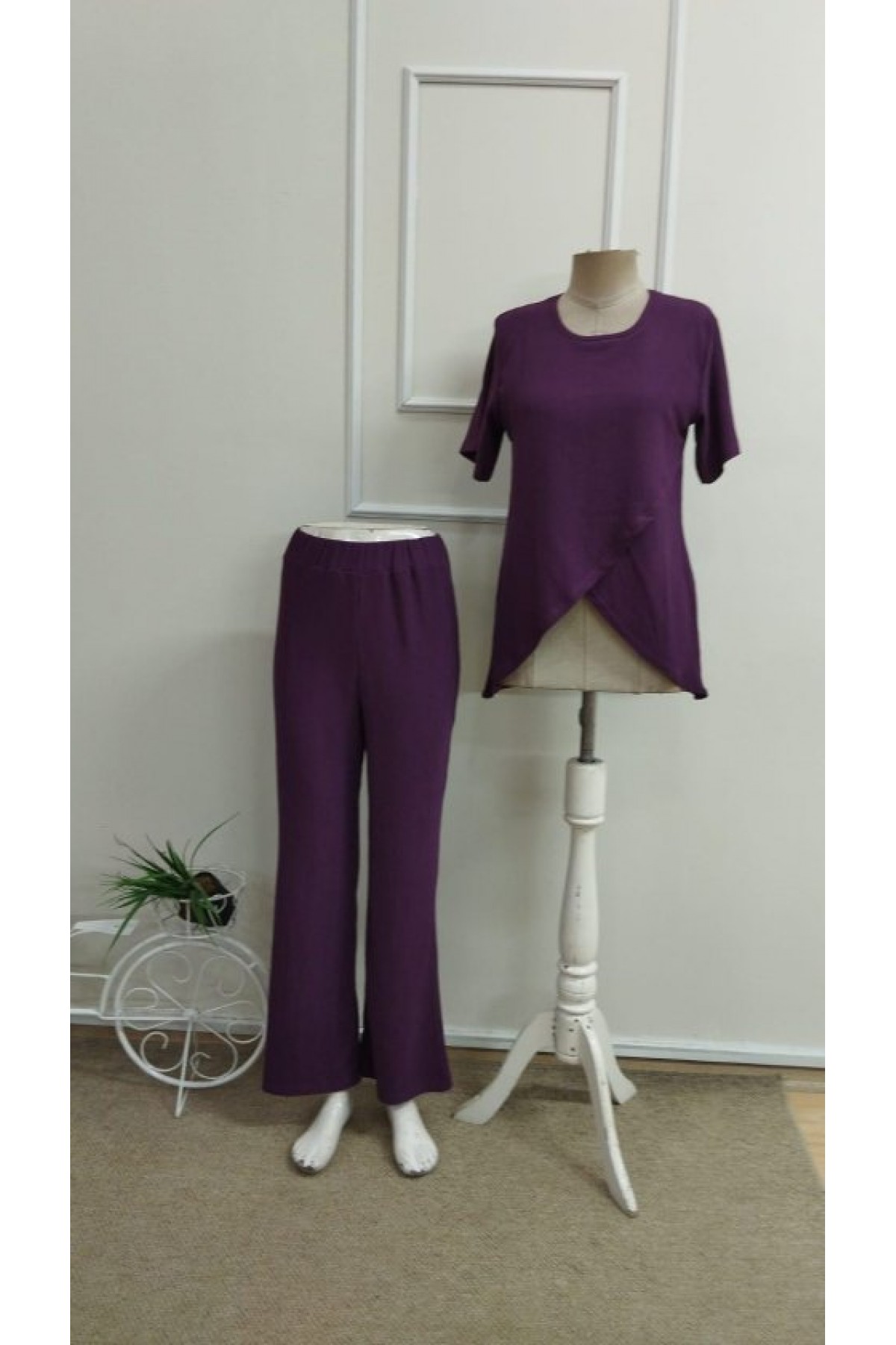 Kadın Kısa Kollu Bisiklet Yaka Asimetrik Kesim Detaylı Bürümcük Bluz Ve Pantolon Ikili Takım , 33985