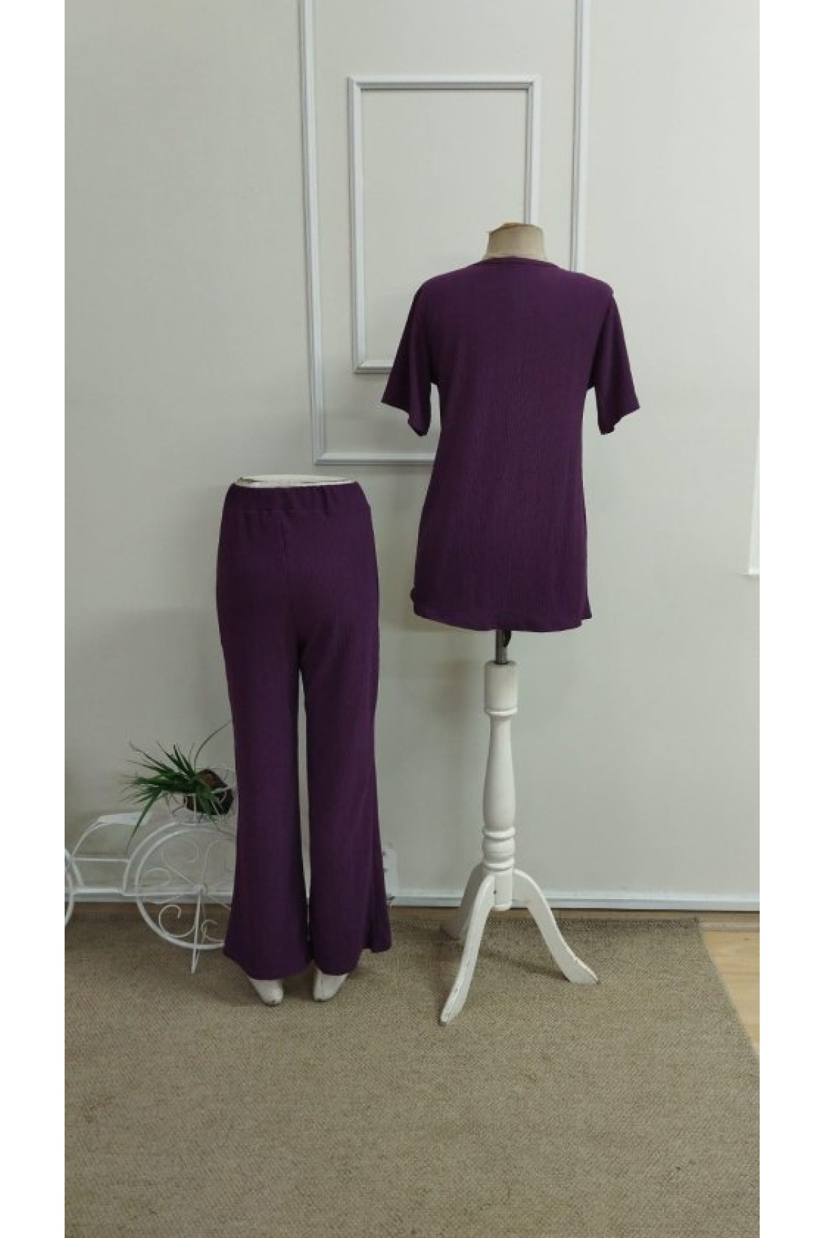 Kadın Kısa Kollu Bisiklet Yaka Asimetrik Kesim Detaylı Bürümcük Bluz Ve Pantolon Ikili Takım , 33985