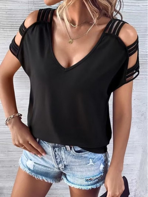 Kadın Kısa Kollu V Yakalı şerit Detaylı Viskon Bluz, 33373