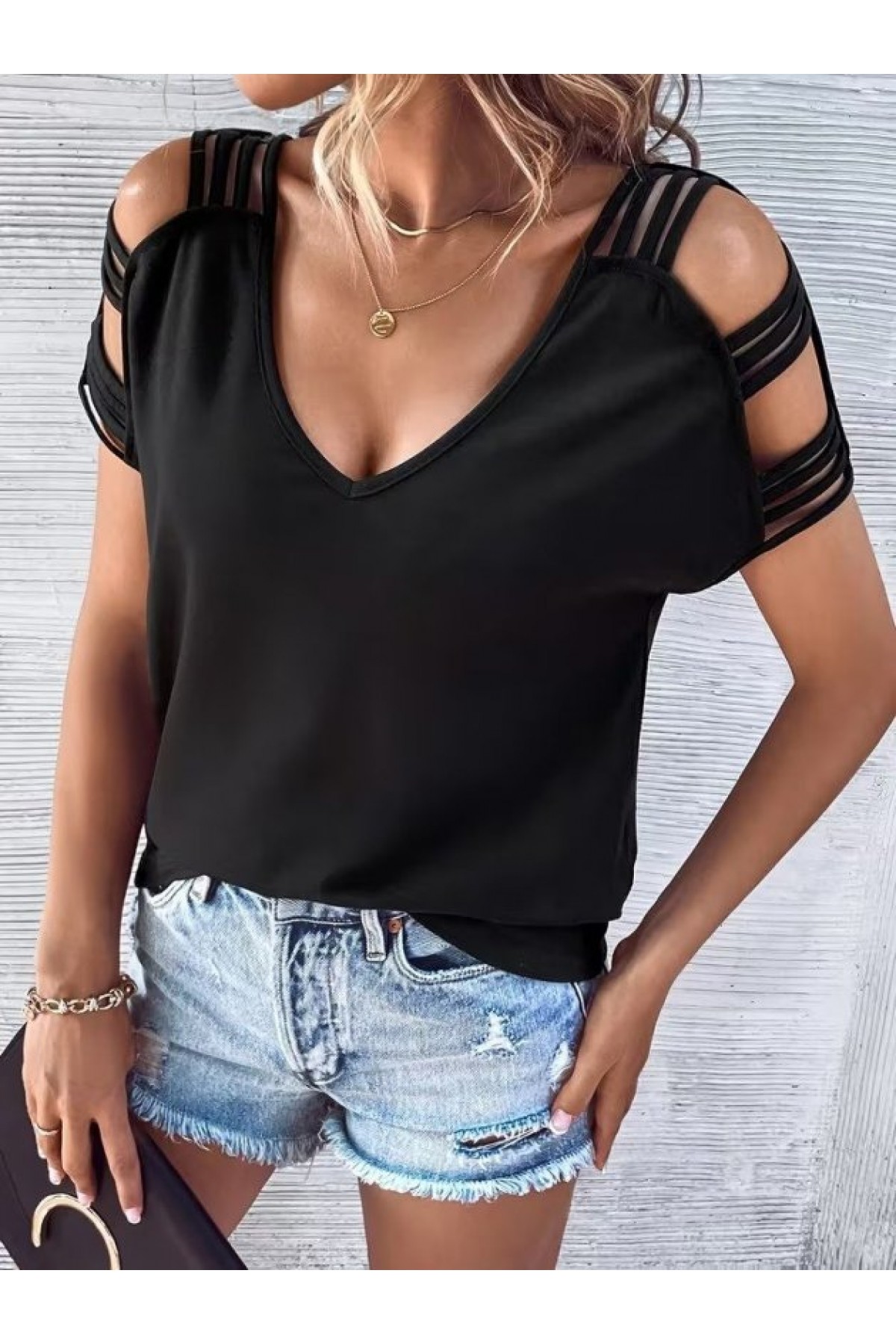 Kadın Kısa Kollu V Yakalı şerit Detaylı Viskon Bluz, 33373