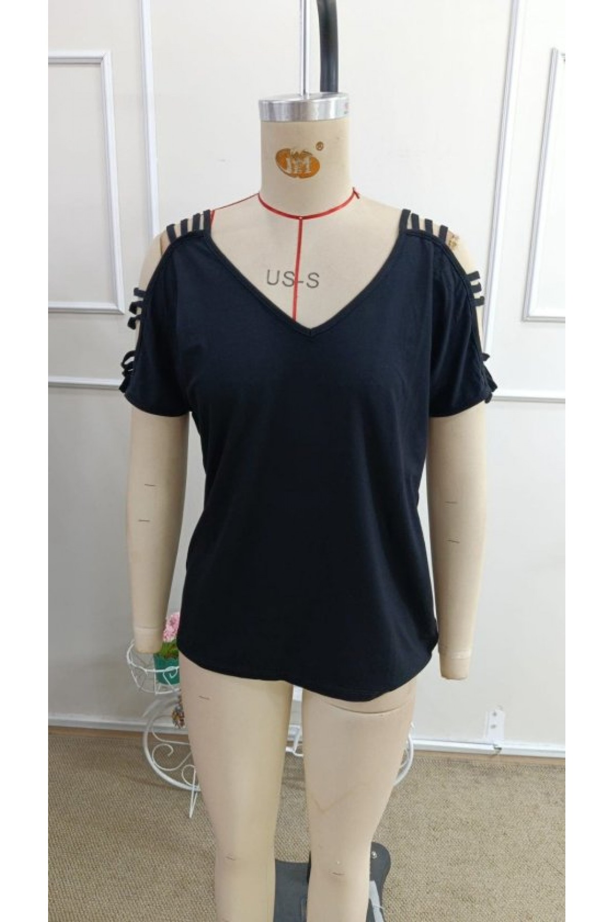 Kadın Kısa Kollu V Yakalı şerit Detaylı Viskon Bluz, 33373