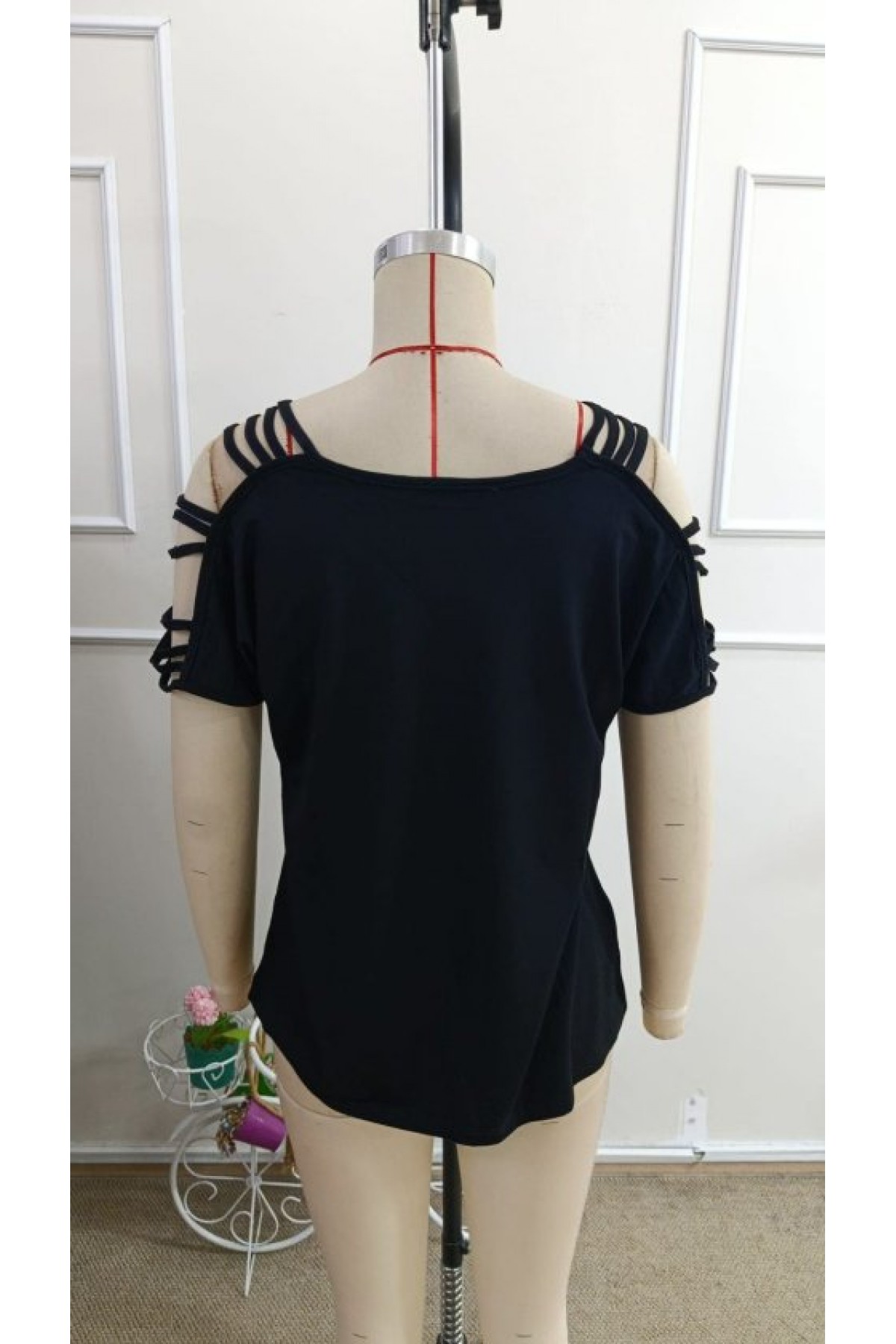 Kadın Kısa Kollu V Yakalı şerit Detaylı Viskon Bluz, 33373