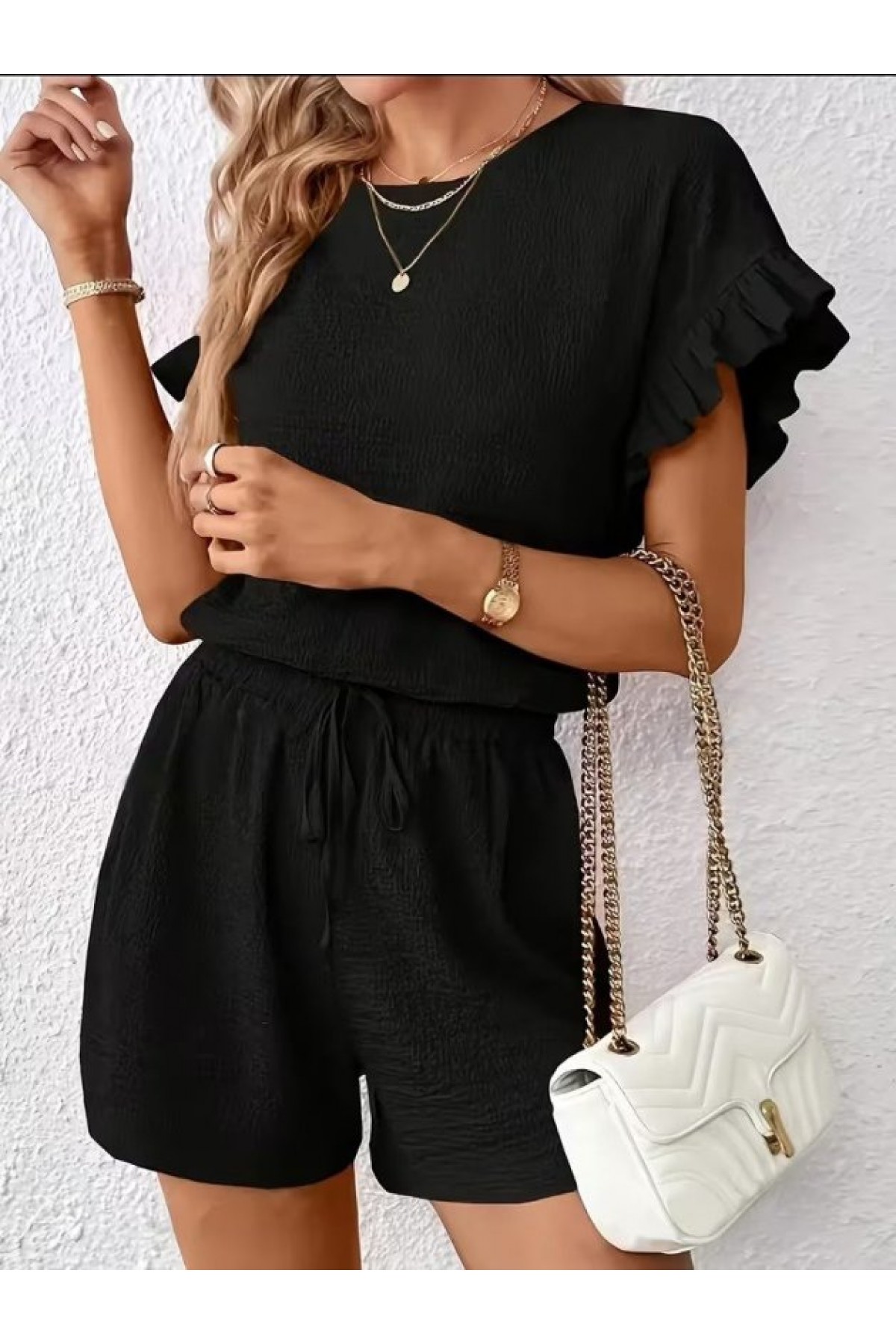 Kadın Kısa Kollu Bisiklet Yaka Bürümcük Bluz Ve Kısa Short Ikili Takım, 32466