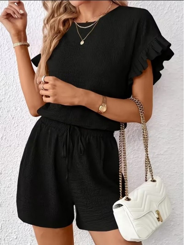 Kadın Kısa Kollu Bisiklet Yaka Bürümcük Bluz Ve Kısa Short Ikili Takım, 32466