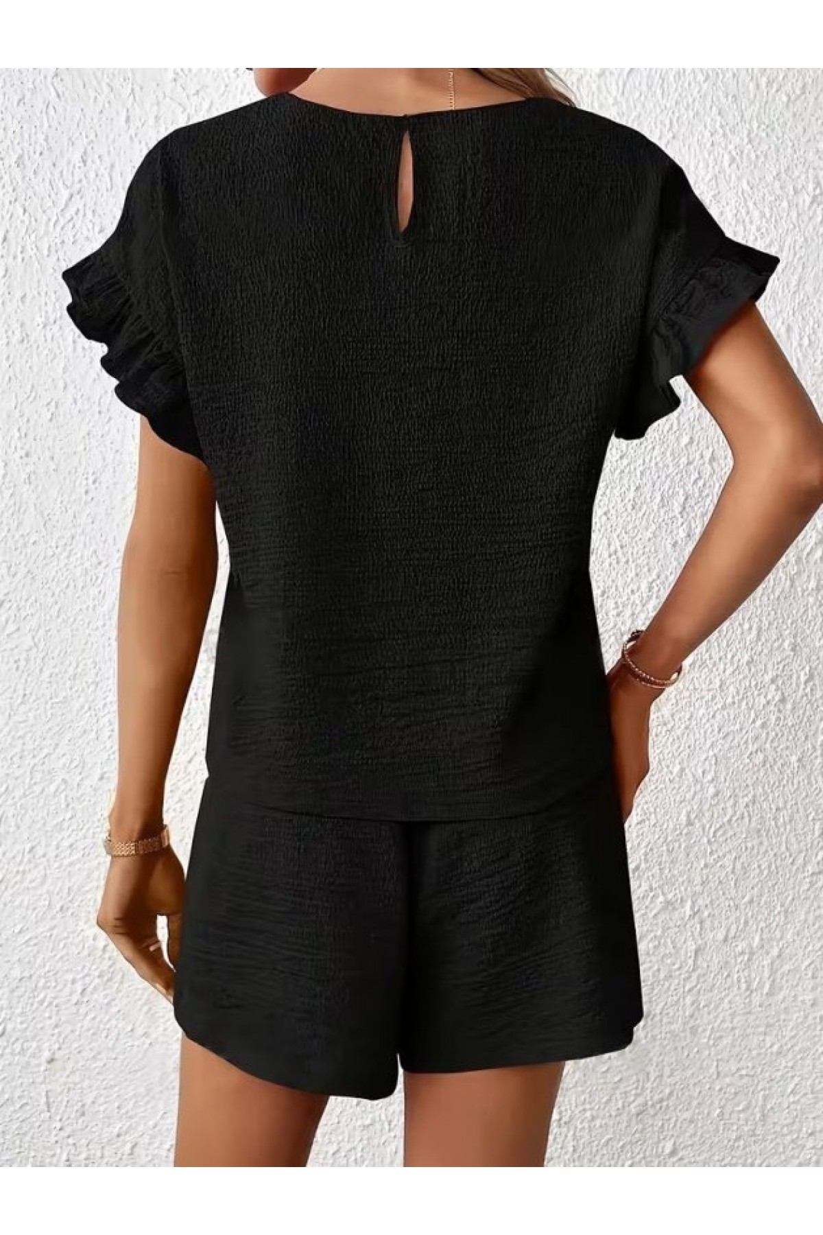 Kadın Kısa Kollu Bisiklet Yaka Bürümcük Bluz Ve Kısa Short Ikili Takım, 32466