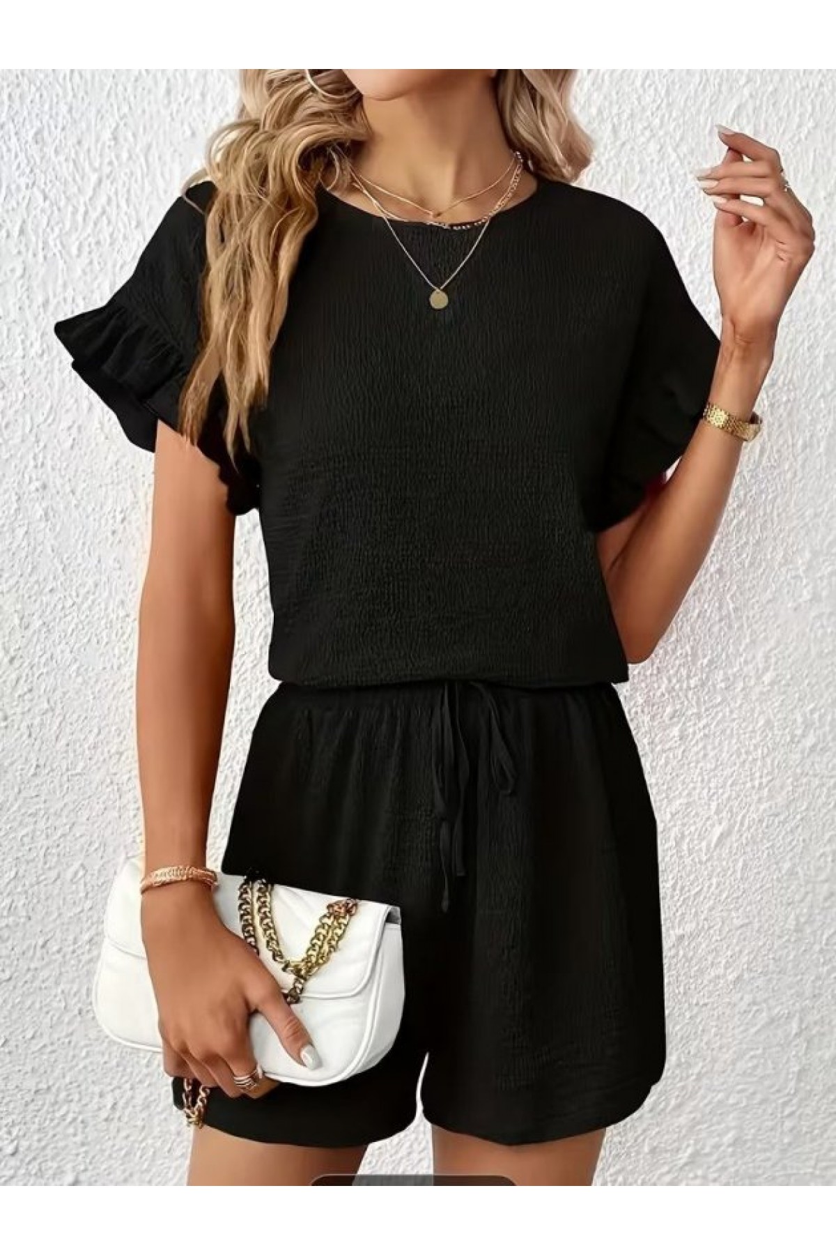 Kadın Kısa Kollu Bisiklet Yaka Bürümcük Bluz Ve Kısa Short Ikili Takım, 32466