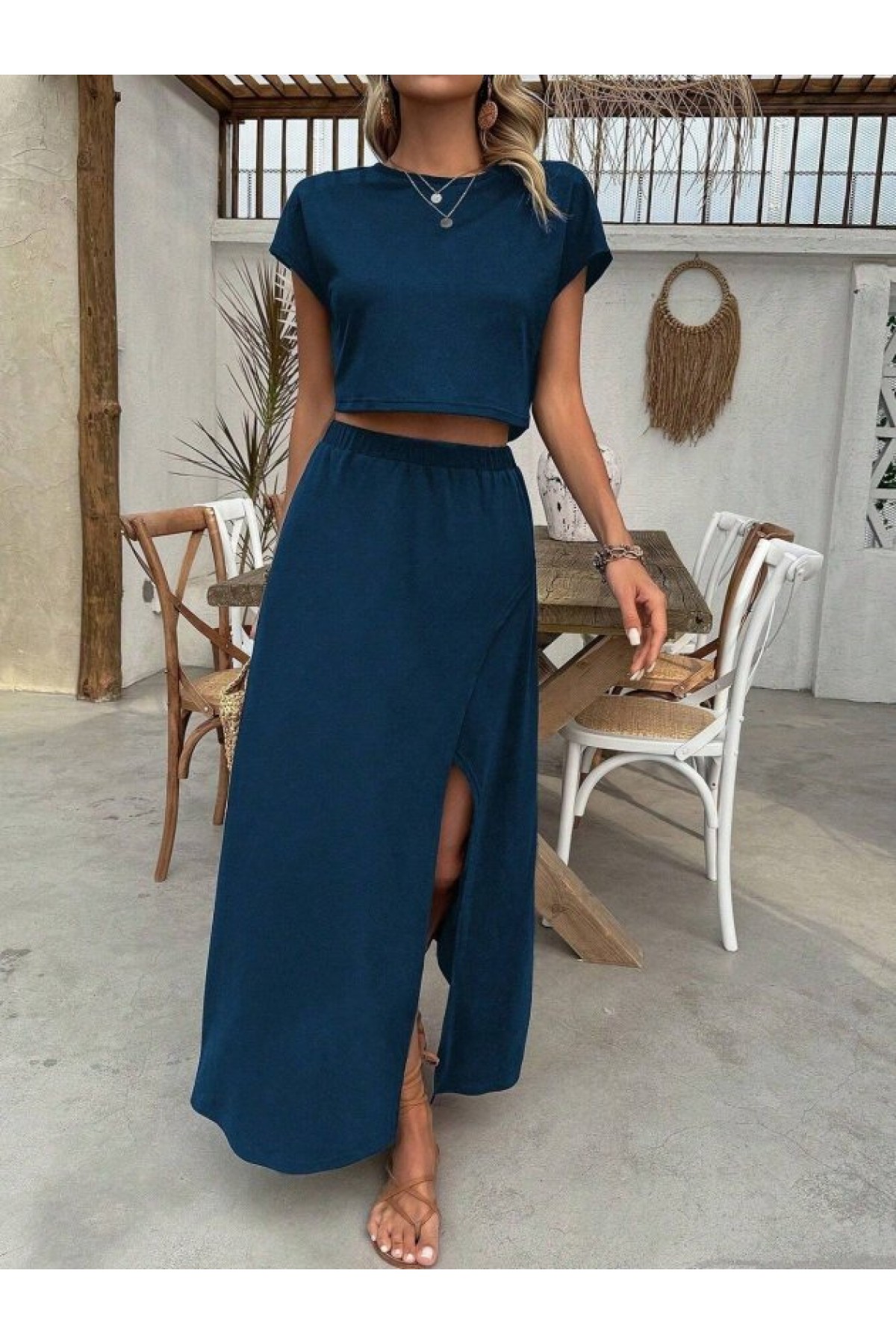 Kadın Kısa Kollu Bisiklet Yaka Viskon Krop Bluz Ve Uzun Etek Ikili Takım, 33654