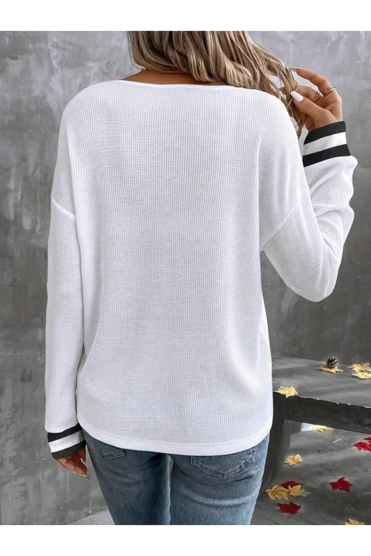 Kadın Uzun Kollu V Yakalı Waffle Bluz , 28387
