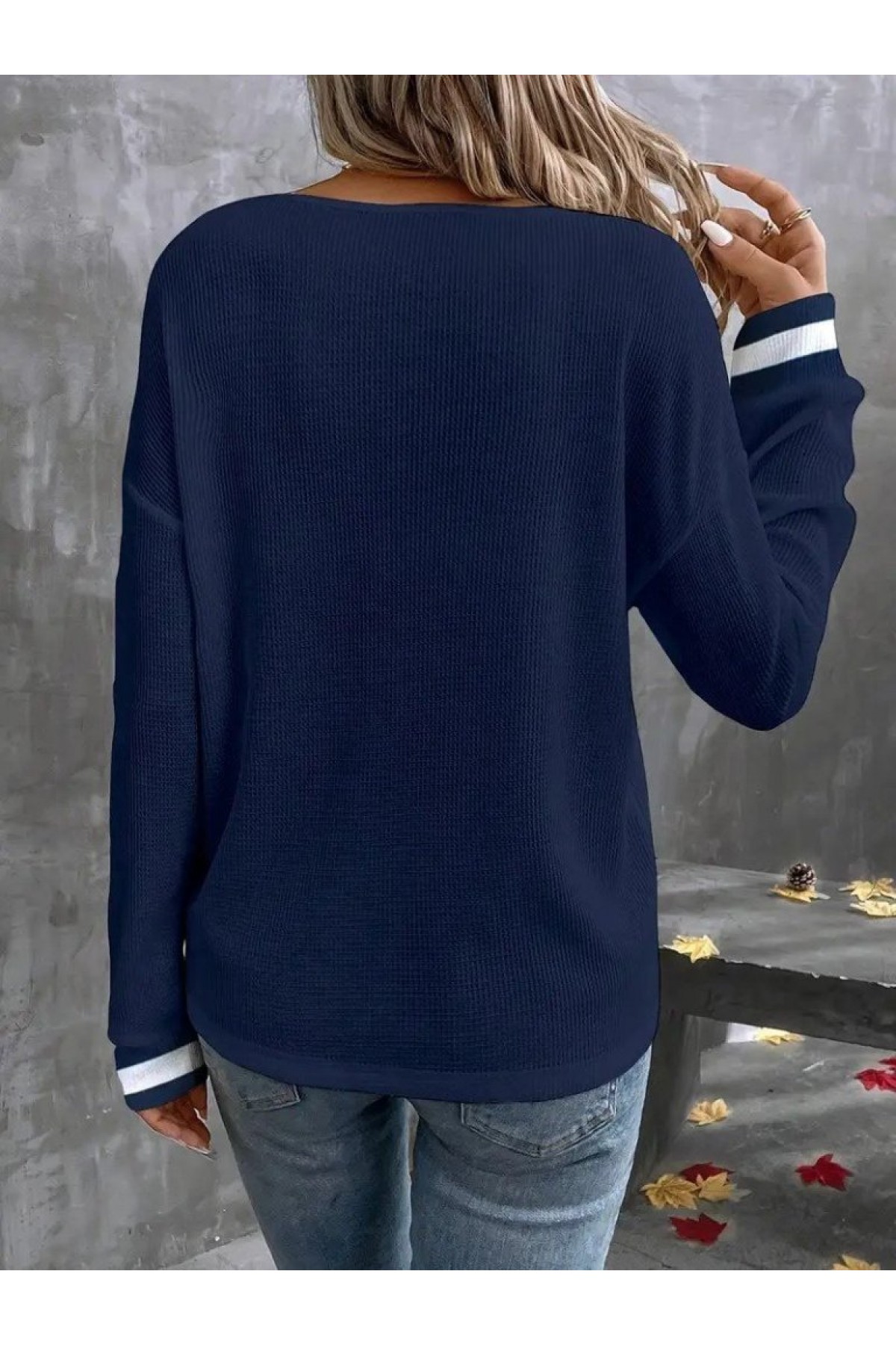 Kadın Uzun Kollu V Yakalı Waffle Bluz, 28388