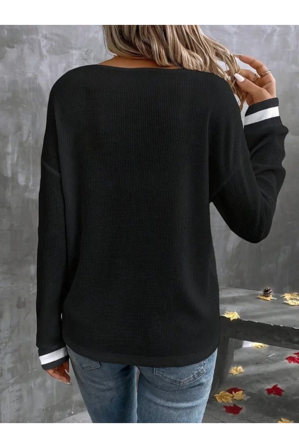 Kadın Uzun Kollu V Yakalı Waffle Bluz, 28386
