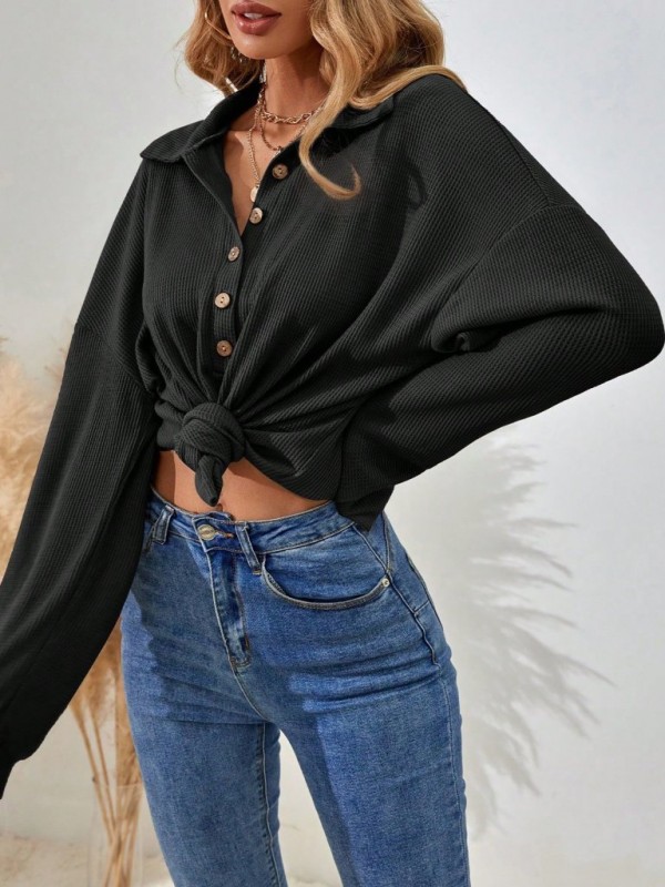 Women's Long Sleeve Collar Buttoned Casual Waffle Blouse, 29513